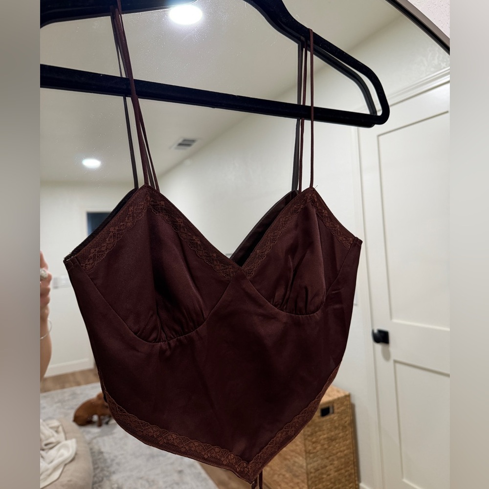 Cotton Candy Brown Lace-Trim Satin Top
